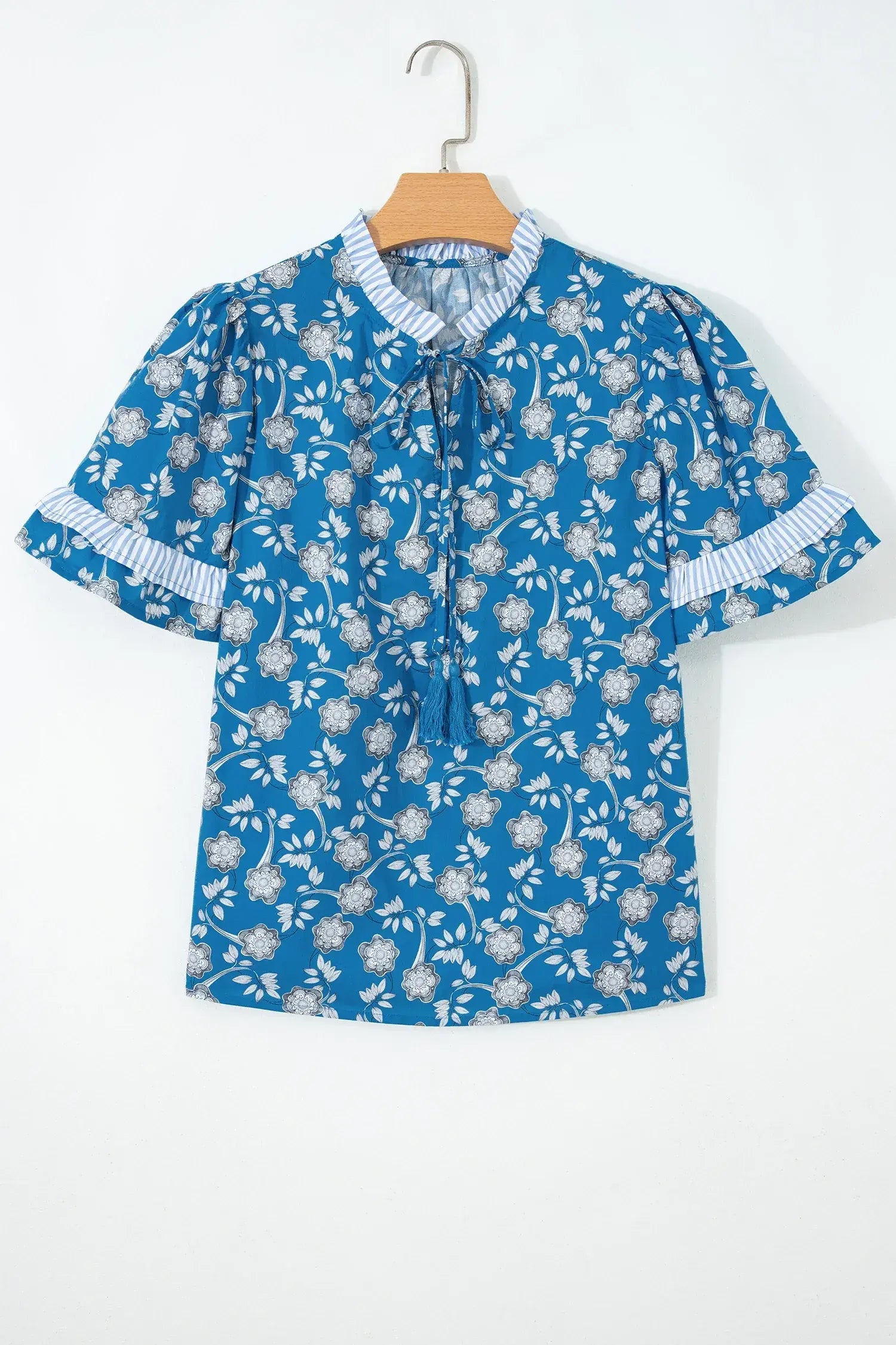 Blue Floral Print Button Tie Neck Striped Detail Short Sleeve Blouse