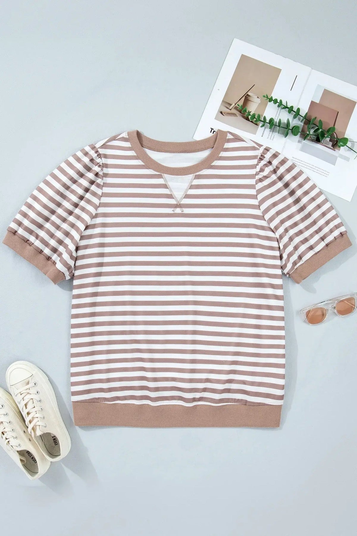 Orange Stripe Ribbed Trim Round Neck Short Puff Sleeve Plus T Shirt