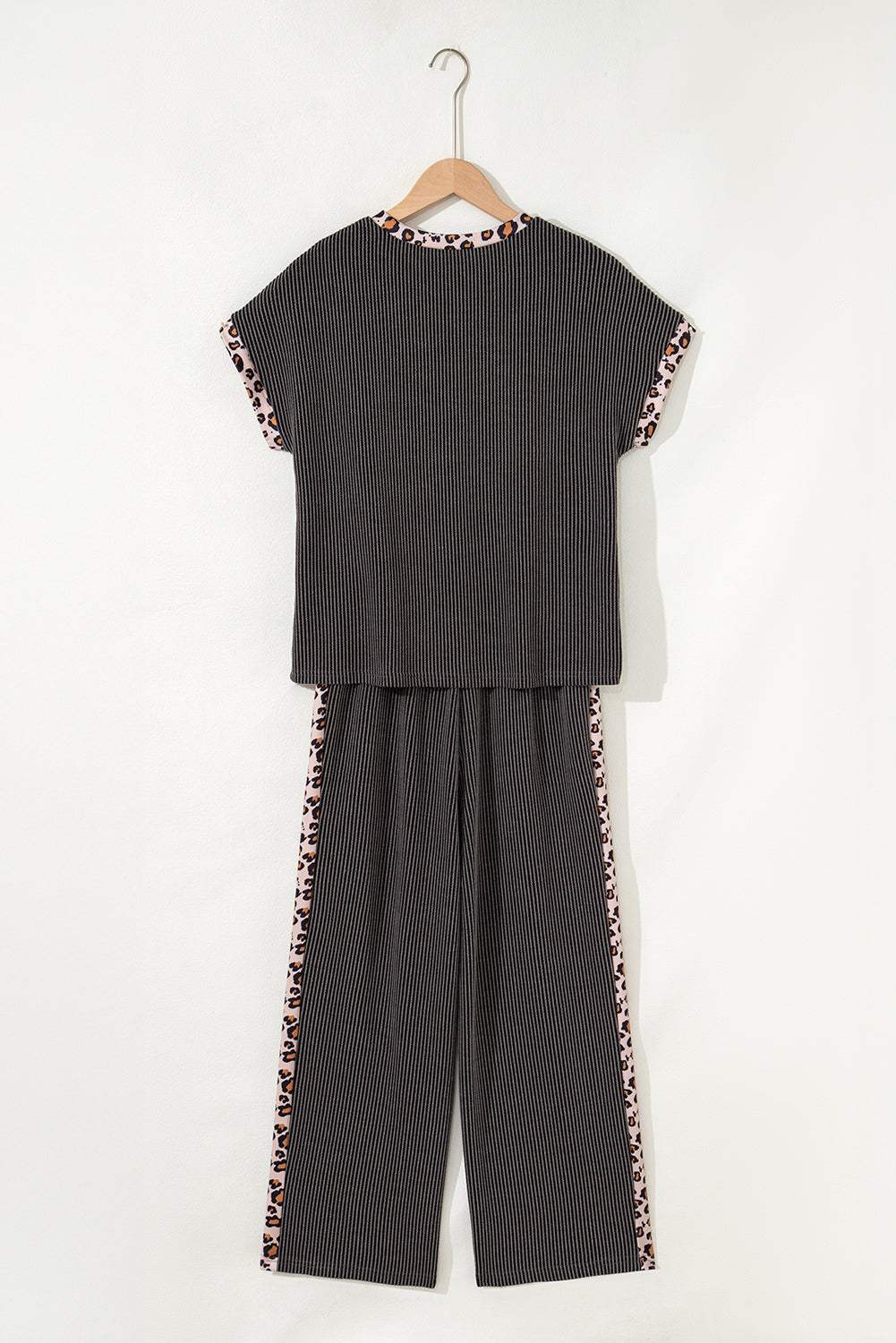 Carbon Grey Leopard Patchwork Edge Twisted Rib T Shirt and Cropped Pants Set