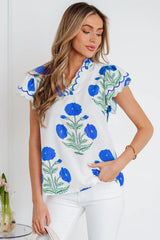 Blue Wild Flower Print Contrast Trim Scallop Detail Short Sleeve Blouse