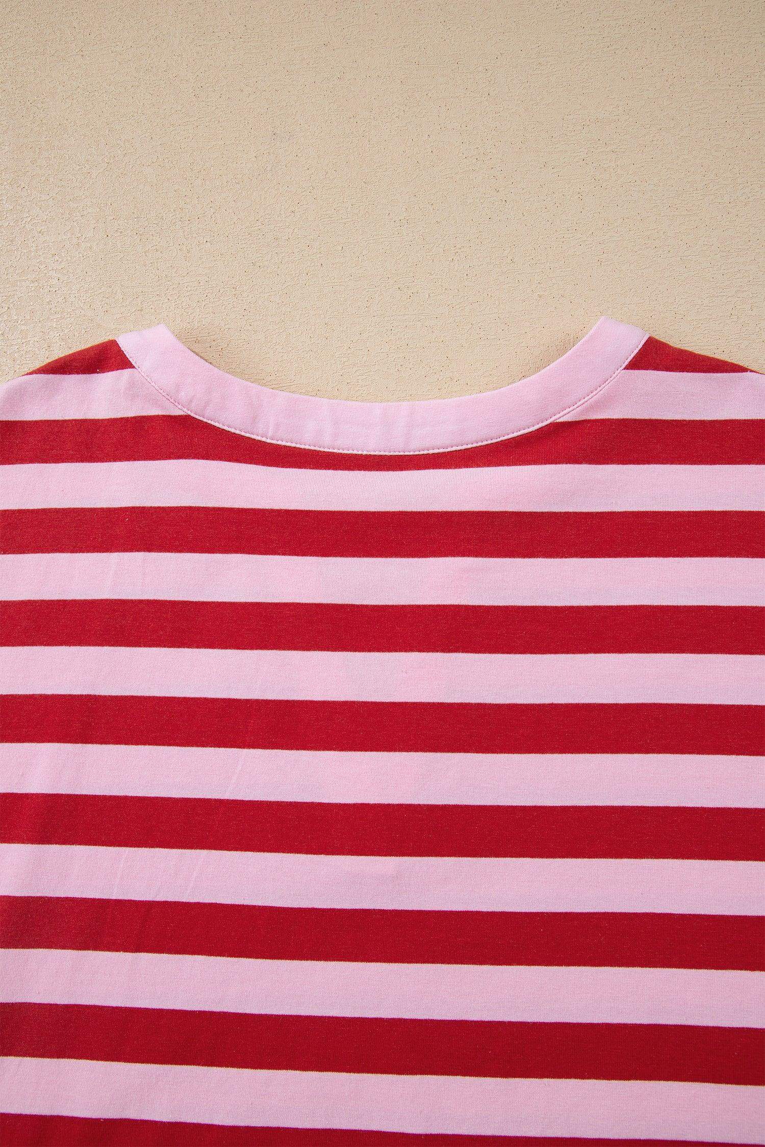 Pink Stripe Split V Neck Casual T Shirt