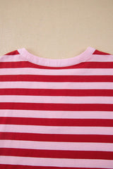 Pink Stripe Split V Neck Casual T Shirt