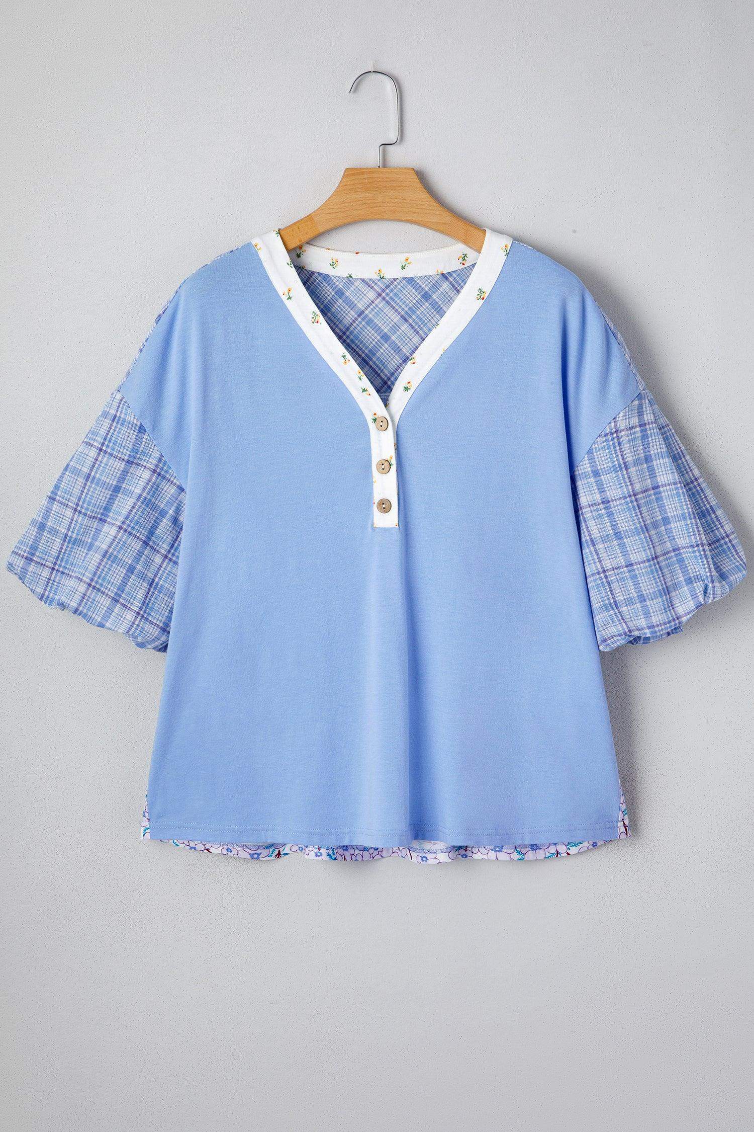 Beau Blue Color Block Plaid Bubble Sleeve Patchwork Blouse