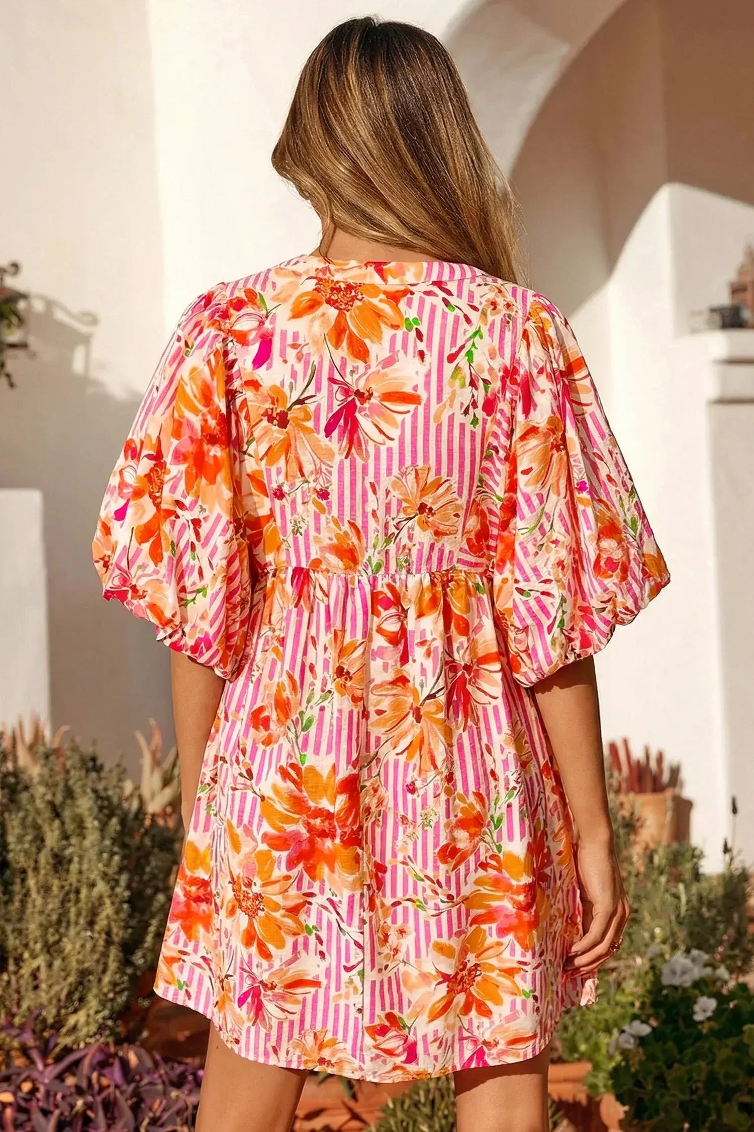 Pink Striped Floral Print Tie Neck Puff Sleeve Loose Mini Dress