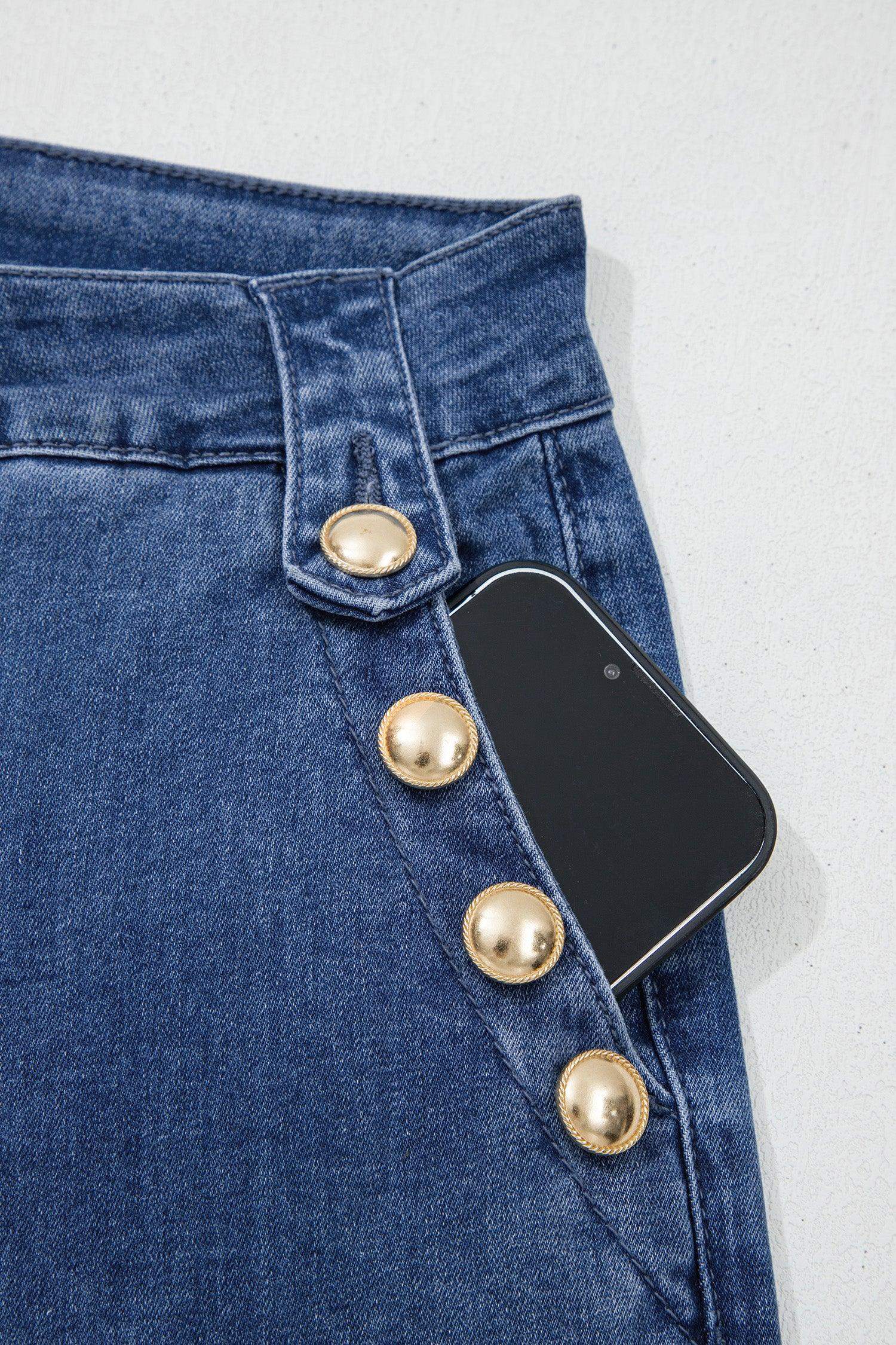 Ashleigh Blue Golden Button Detail Rolled Edge Flare Leg Jeans