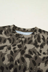Brown Retro Leopard Print Mock Neck Slim Tee