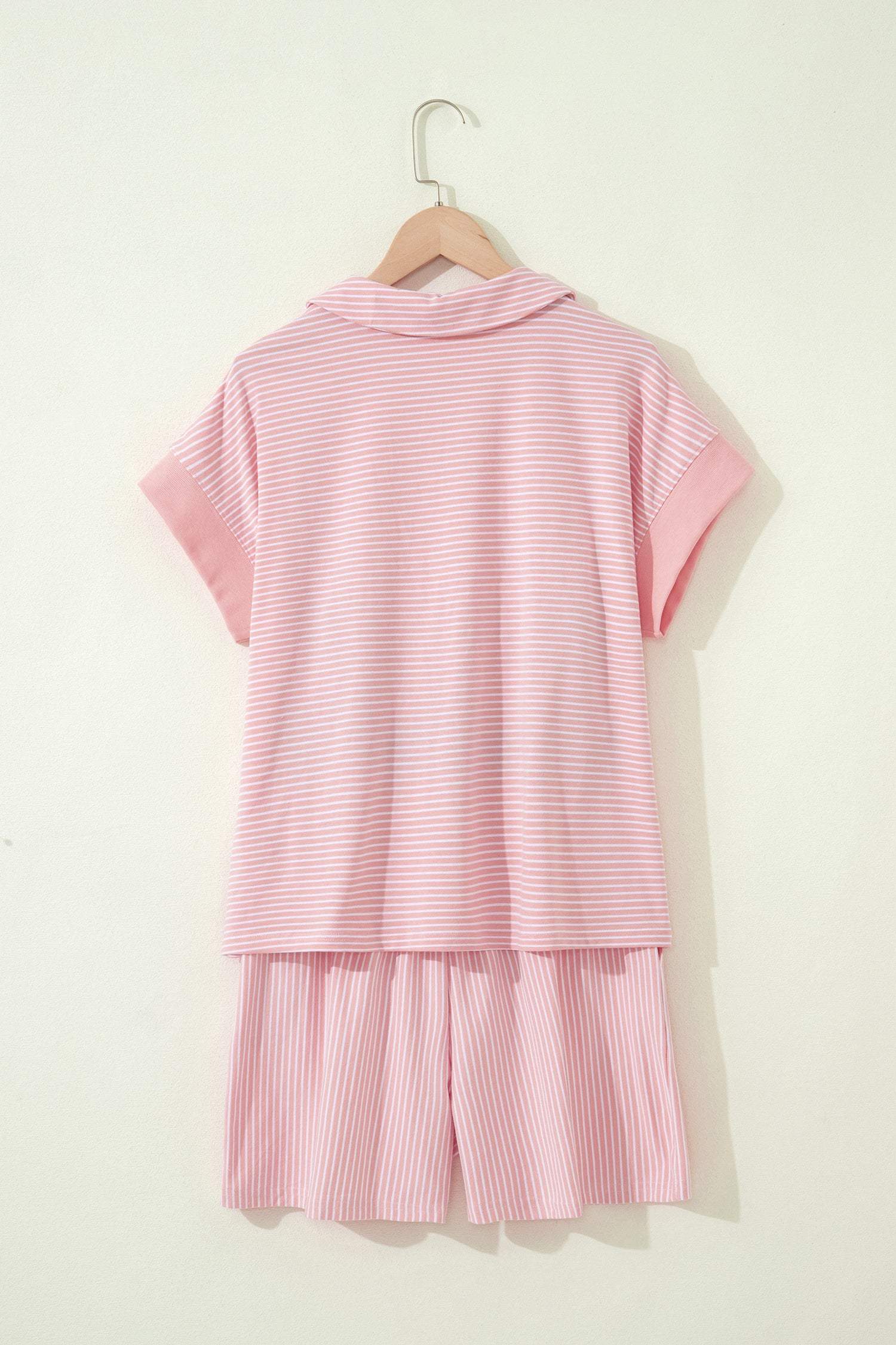 Khaki Stripe Dolman Sleeve Polo Shirt and Drawstring Shorts Set
