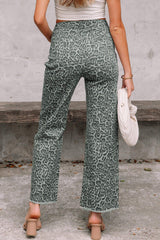 Gray Leopard Frayed Edge Wide Leg High Waist Jeans