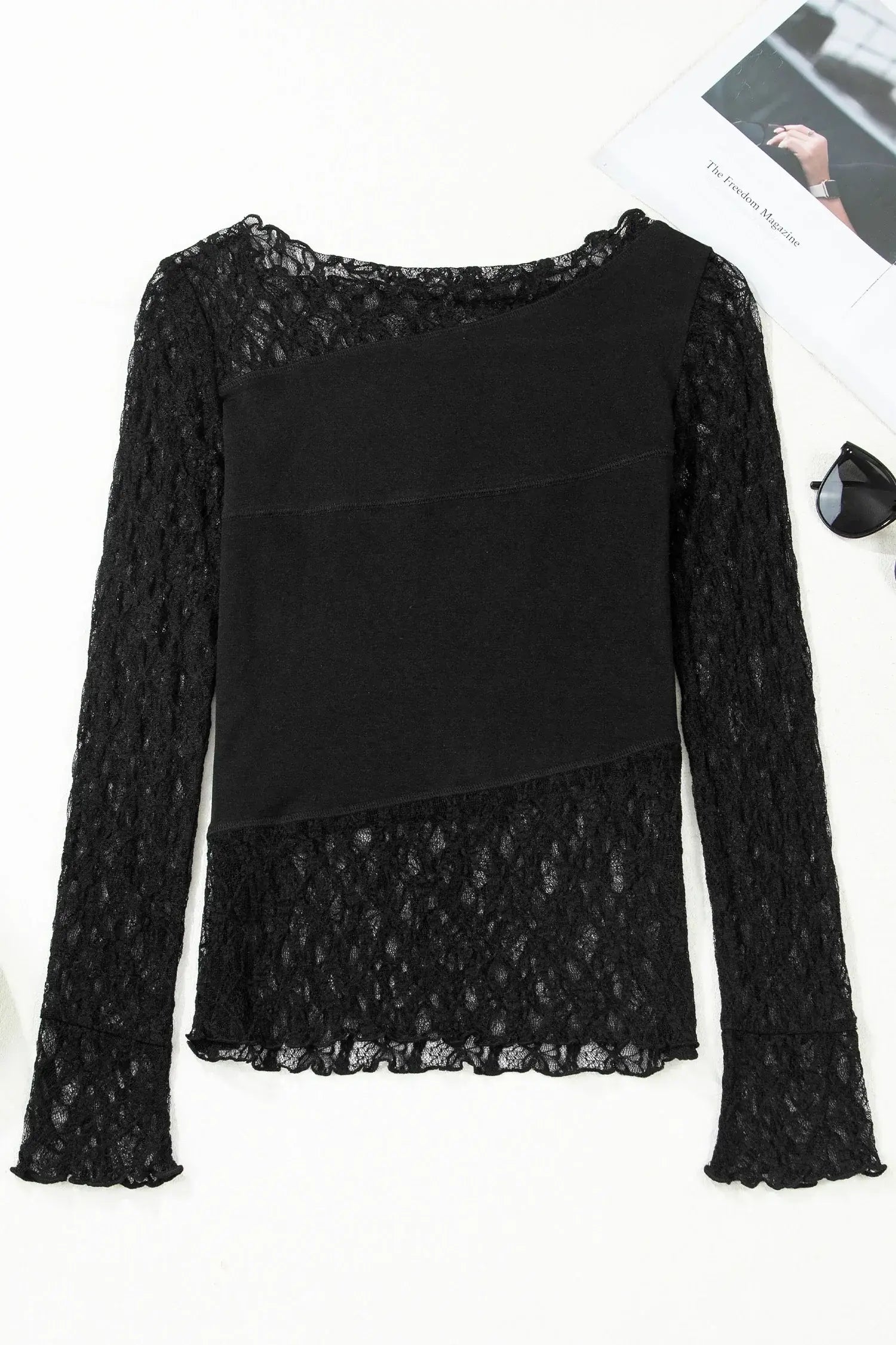 Black Asymmetric Panels Sheer Floral Lace Patchwork Long Sleeve Top