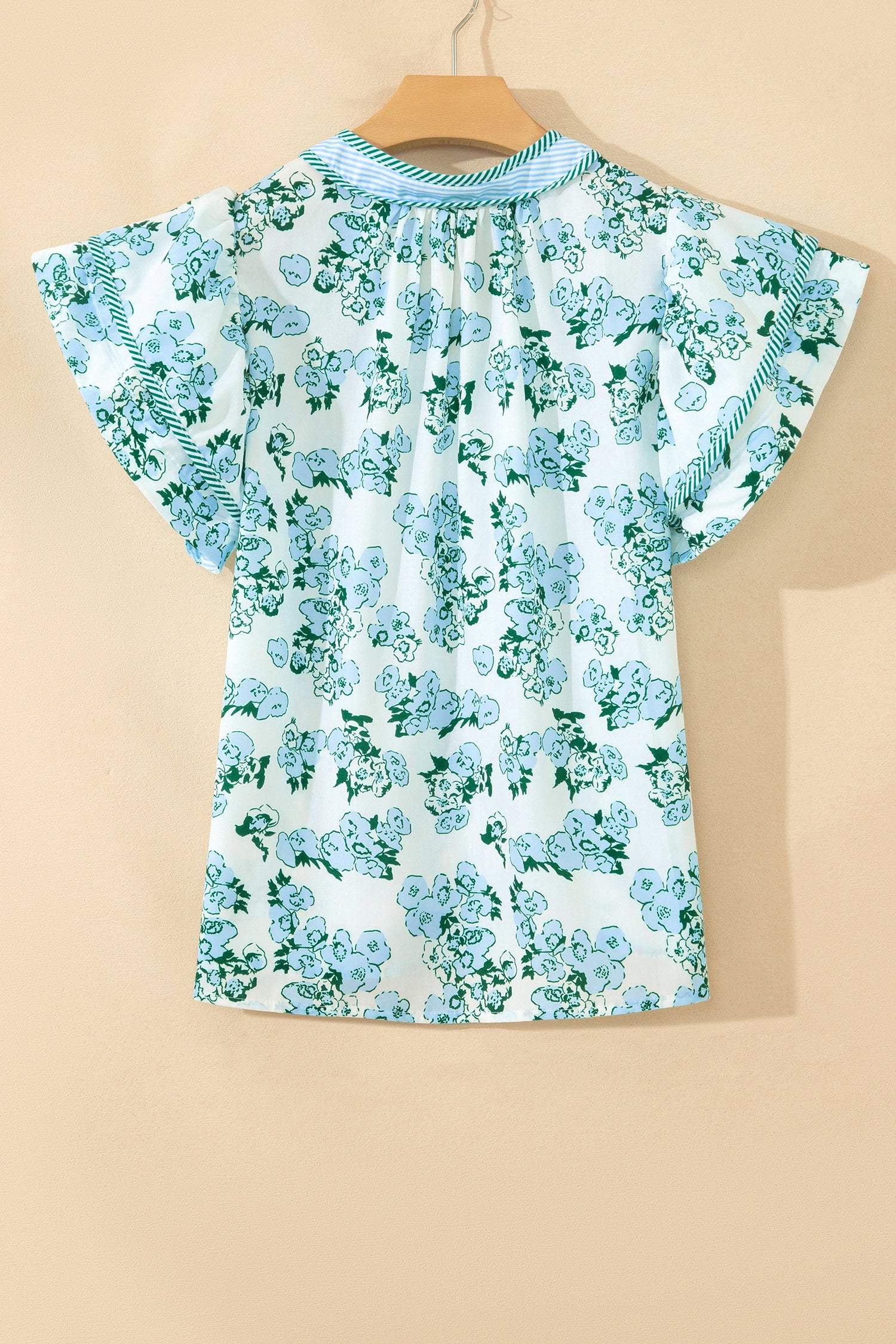Green Floral Meets Stripes V Neck Flutter Sleeve Blouse