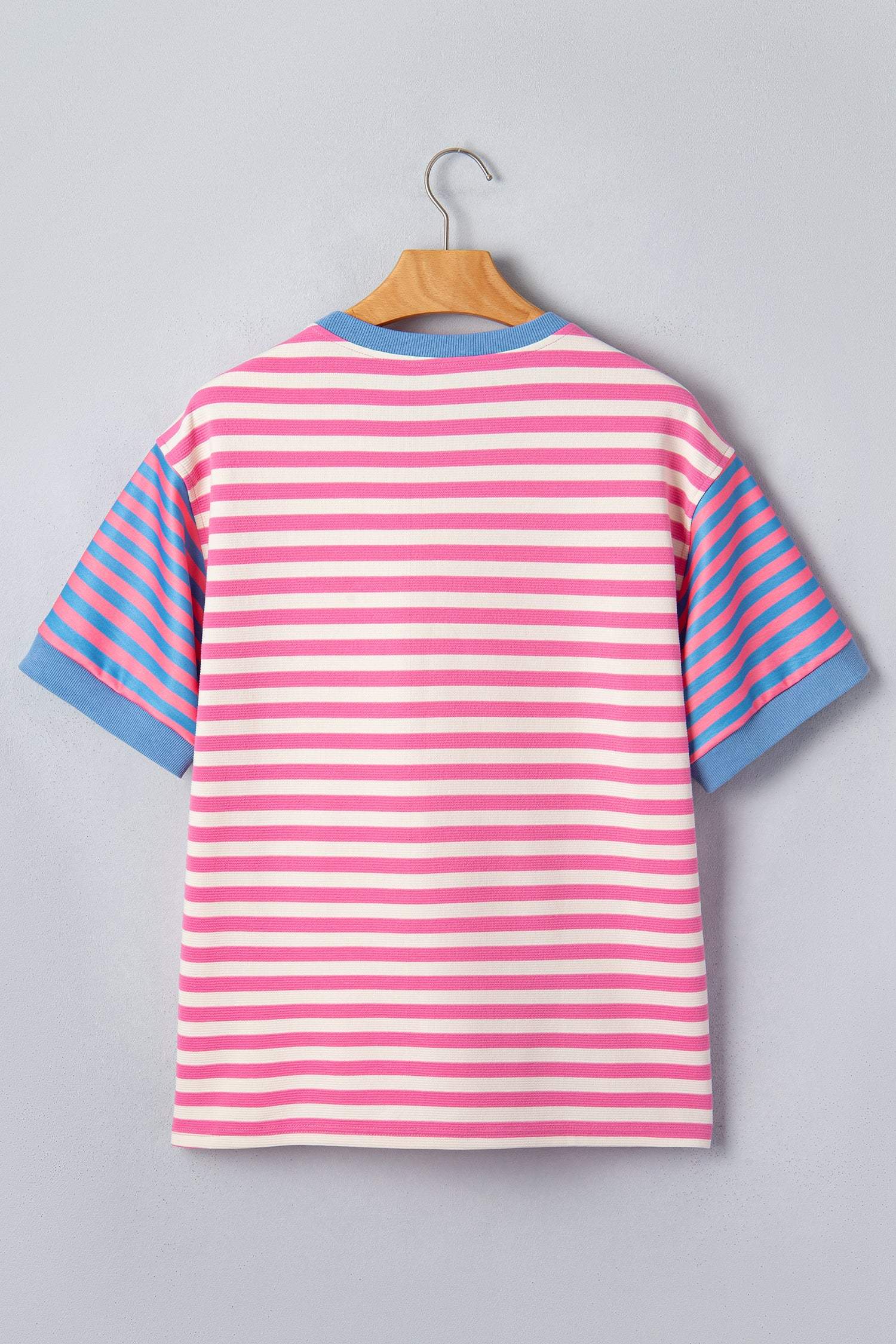 Pink Stripe Contrast Patchwork Short Sleeve Loose Tee