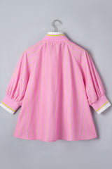 Pink Stripe Striped V-Neck Half Sleeve Zipper Ribbed Cuff Casual Shift Blouse