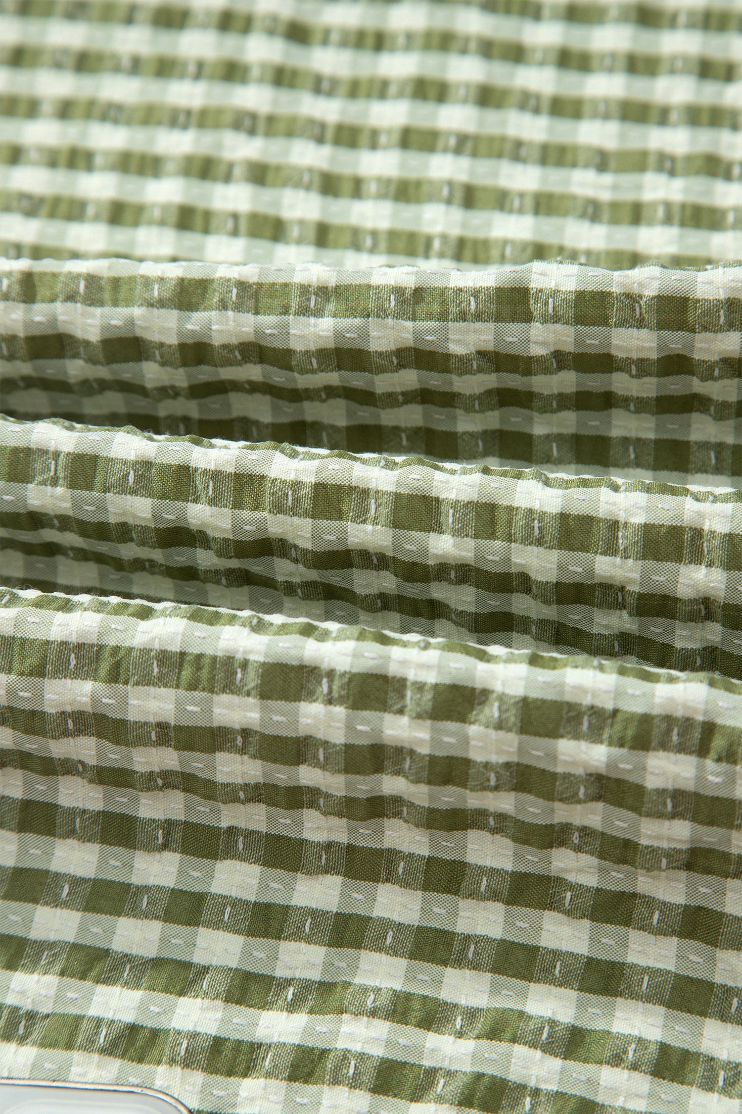 Green Plaid Short Sleeve Colorblock Trim Split Neck Blouse