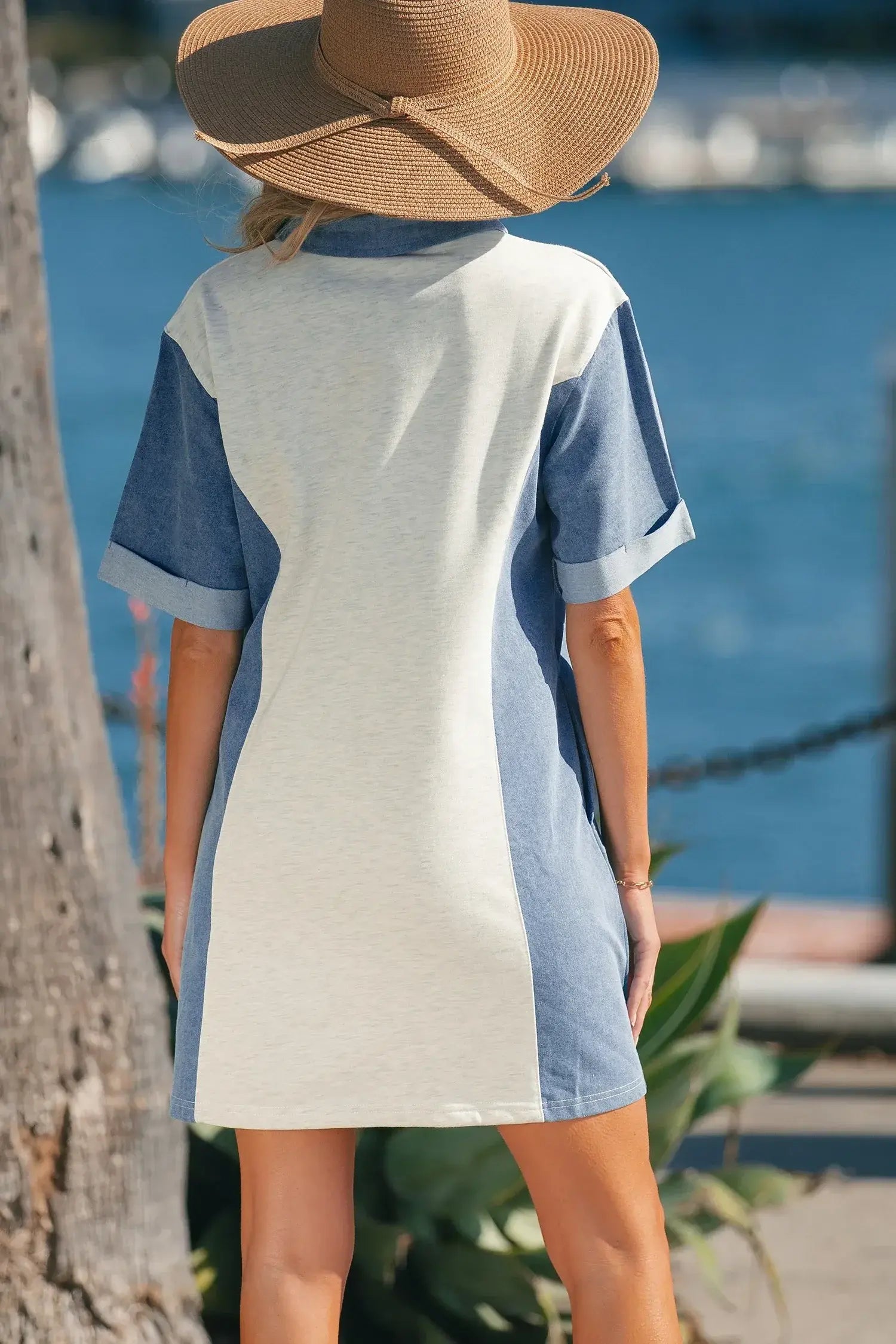 Light Grey Denim Color Block Patchwork Button Polo Collar T Shirt Tunic Dress