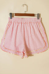 Light Pink Floral Trim Ribbon Knot Striped Casual Shorts