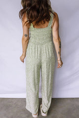 Green Smocked Bodice Square Neck Sleeveless Floral Jumpsuit