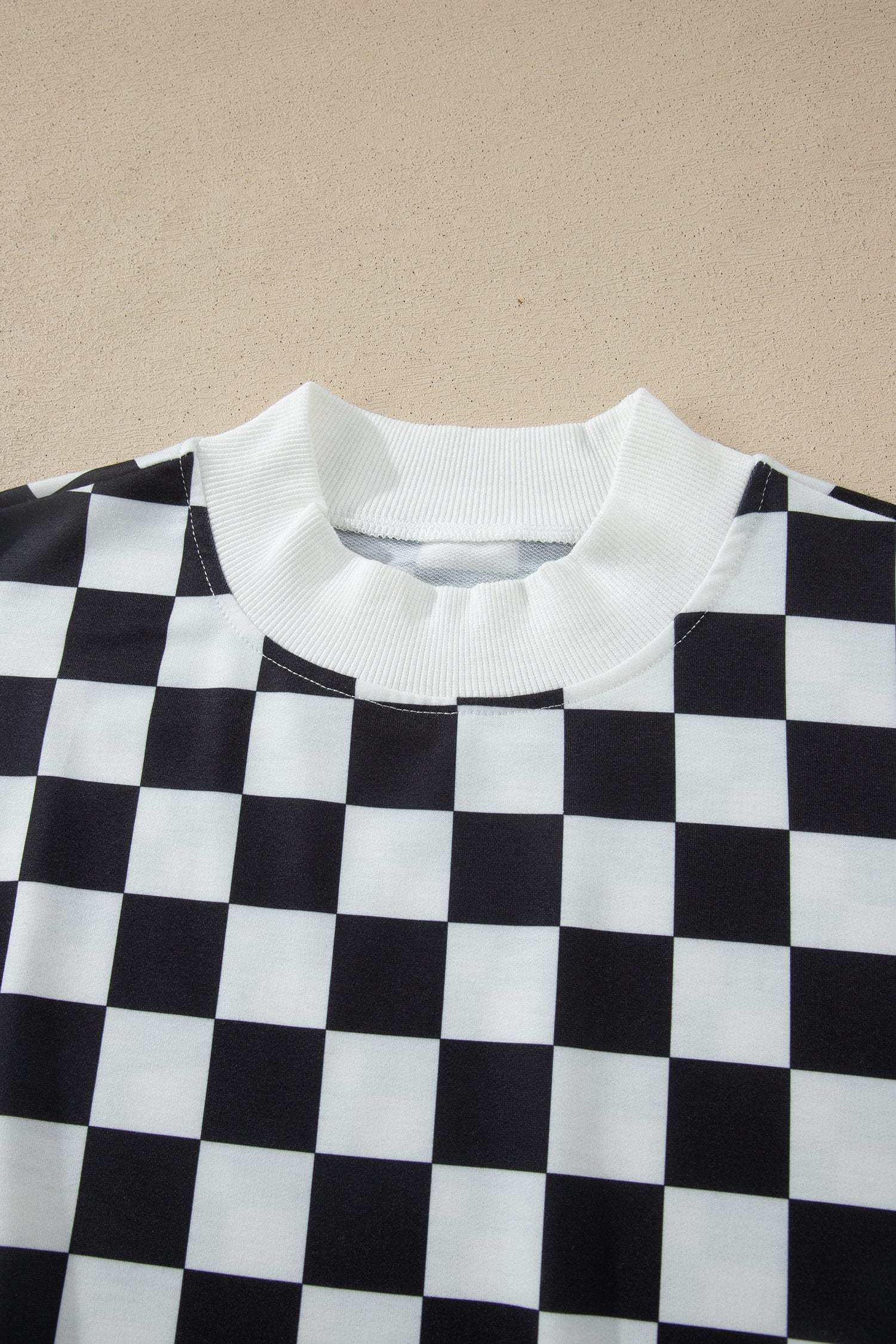 Black Checkered Print Color Block Trim Mock Neck Short Set