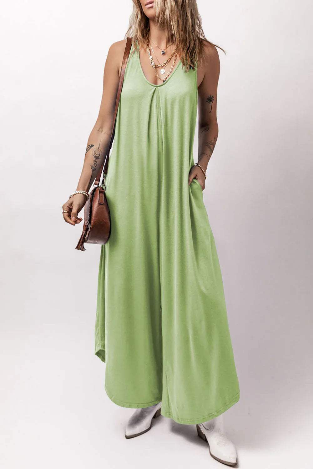 Grass Green Sleeveless V Neck Pocketed Wide Leg Jumpsuit