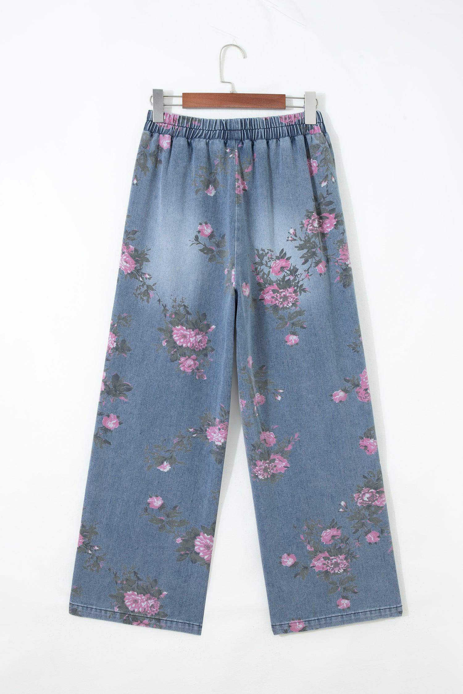 Beau Blue Floral Print Elastic Waist Pull On Casual Jeans
