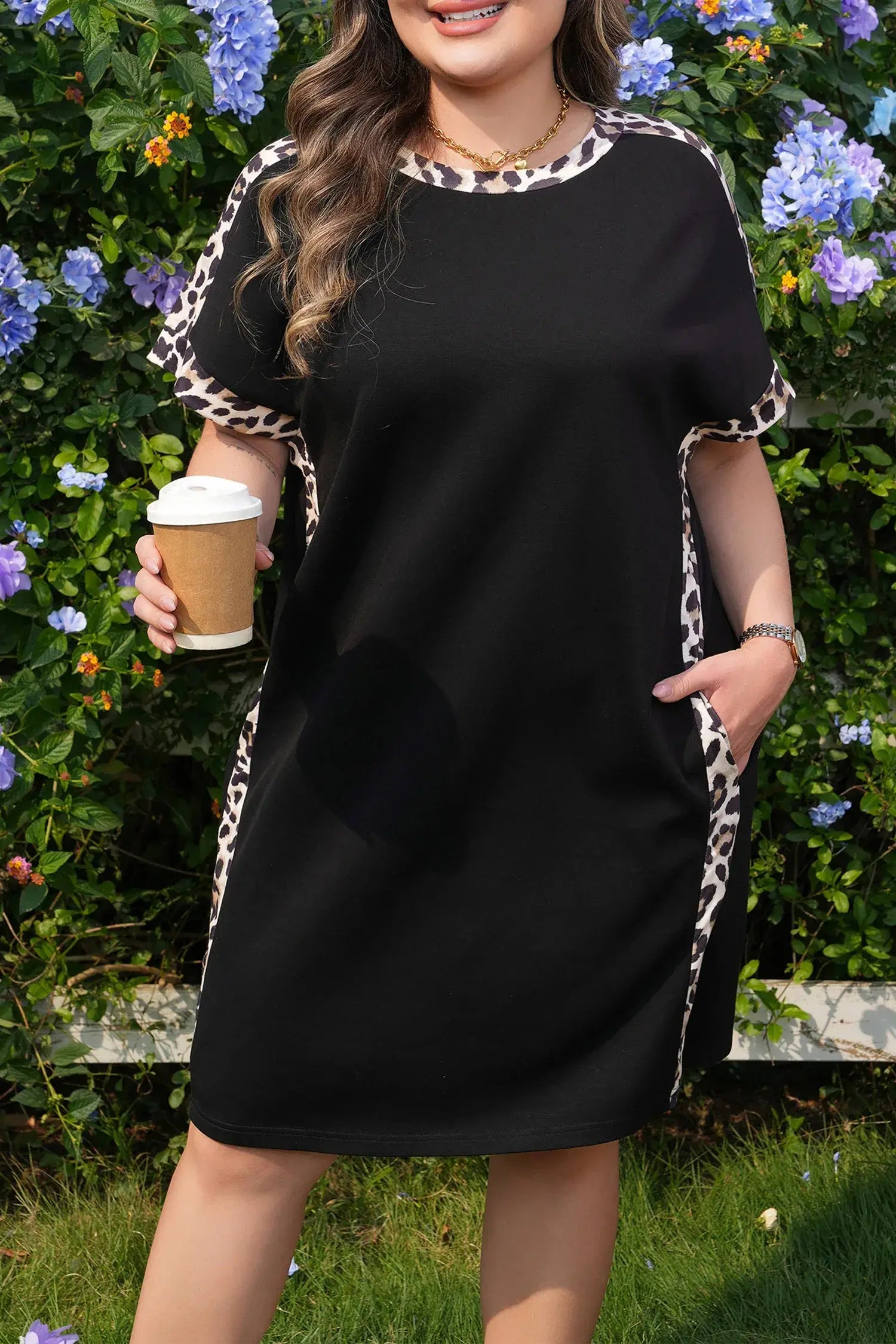 Black Plus Size Leopard Print Patchwork Shift T Shirt Dress with Pockets