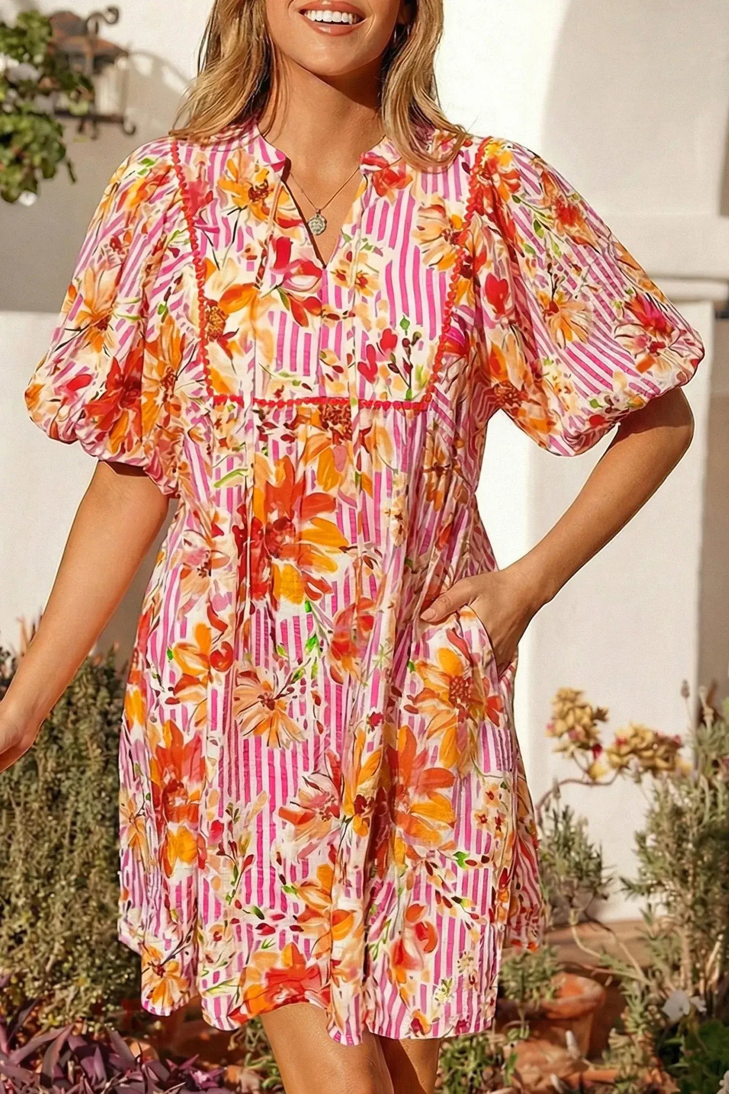 Pink Striped Floral Print Tie Neck Puff Sleeve Loose Mini Dress