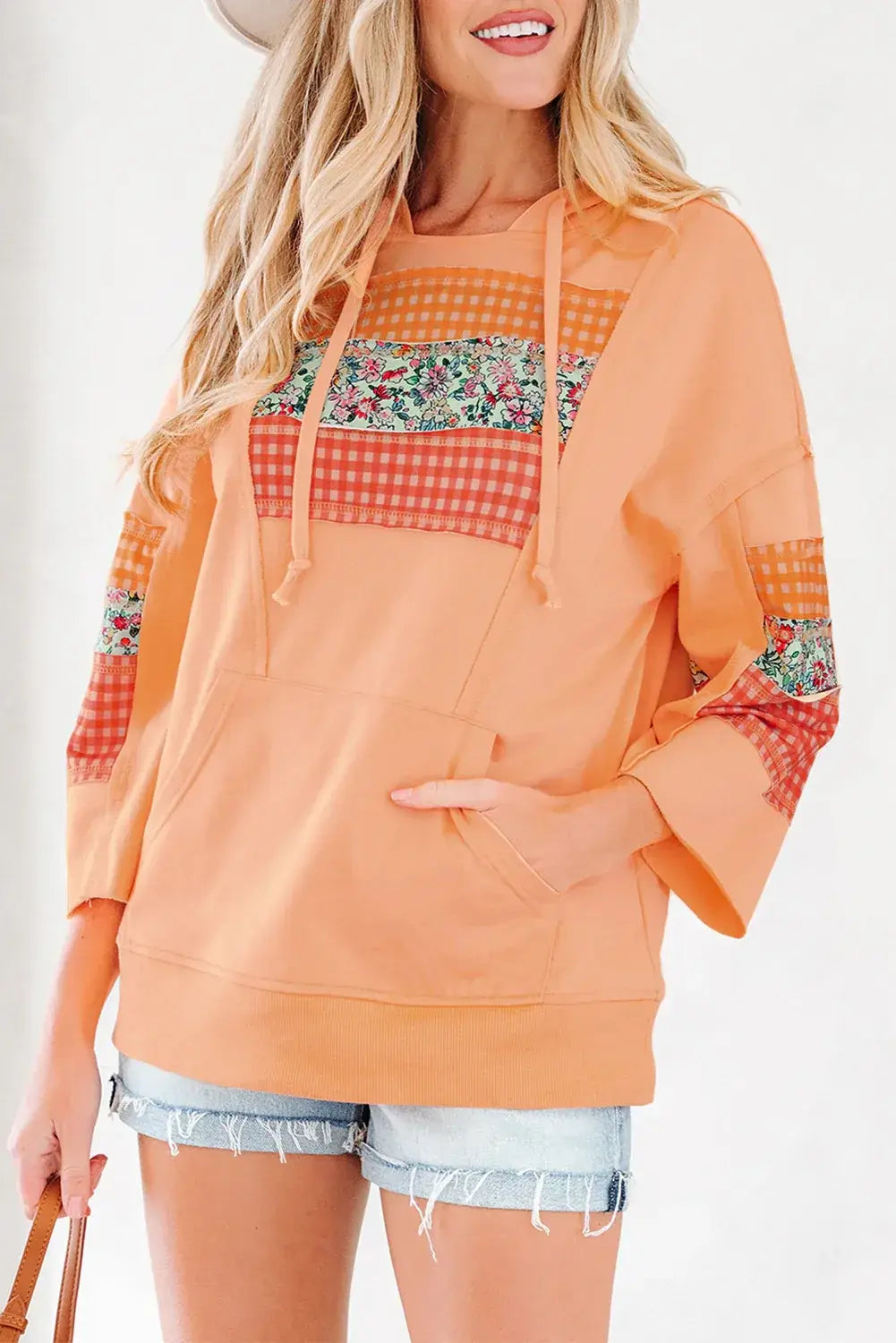 Grapefruit Orange Plaid Floral Patchwork Kangaroo Pocket Hooded Long Sleeve Top