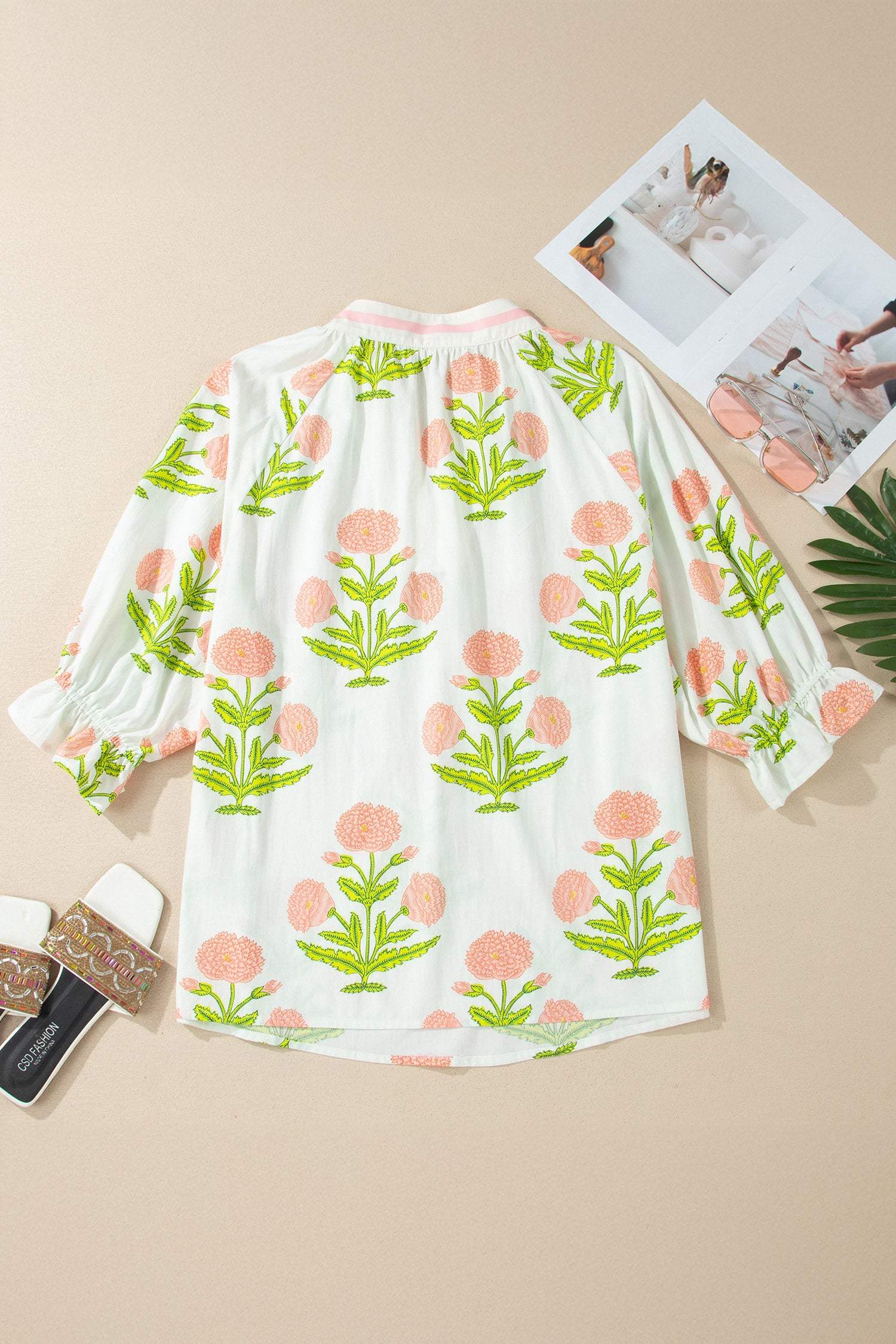 Pink Plus Size Floral Print Striped Trim V Neck Blouse