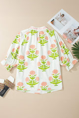 Pink Plus Size Floral Print Striped Trim V Neck Blouse