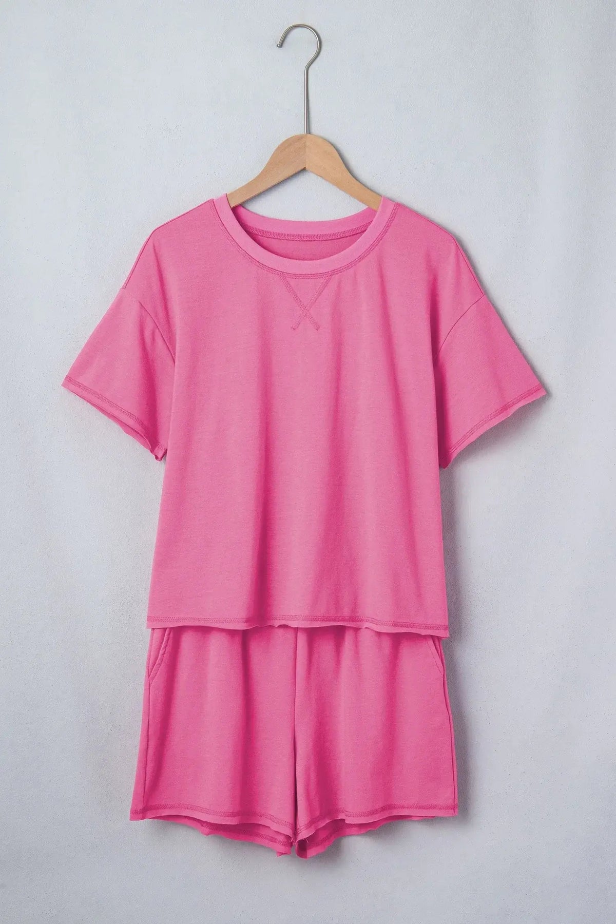 Bright Pink Seam Detail Raw Edge Tee Rainbow Waistband Casual Short Set