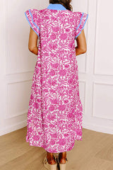 Pink Floral Print Color Block Patchwork V Neck Short Sleeve Midi Dress