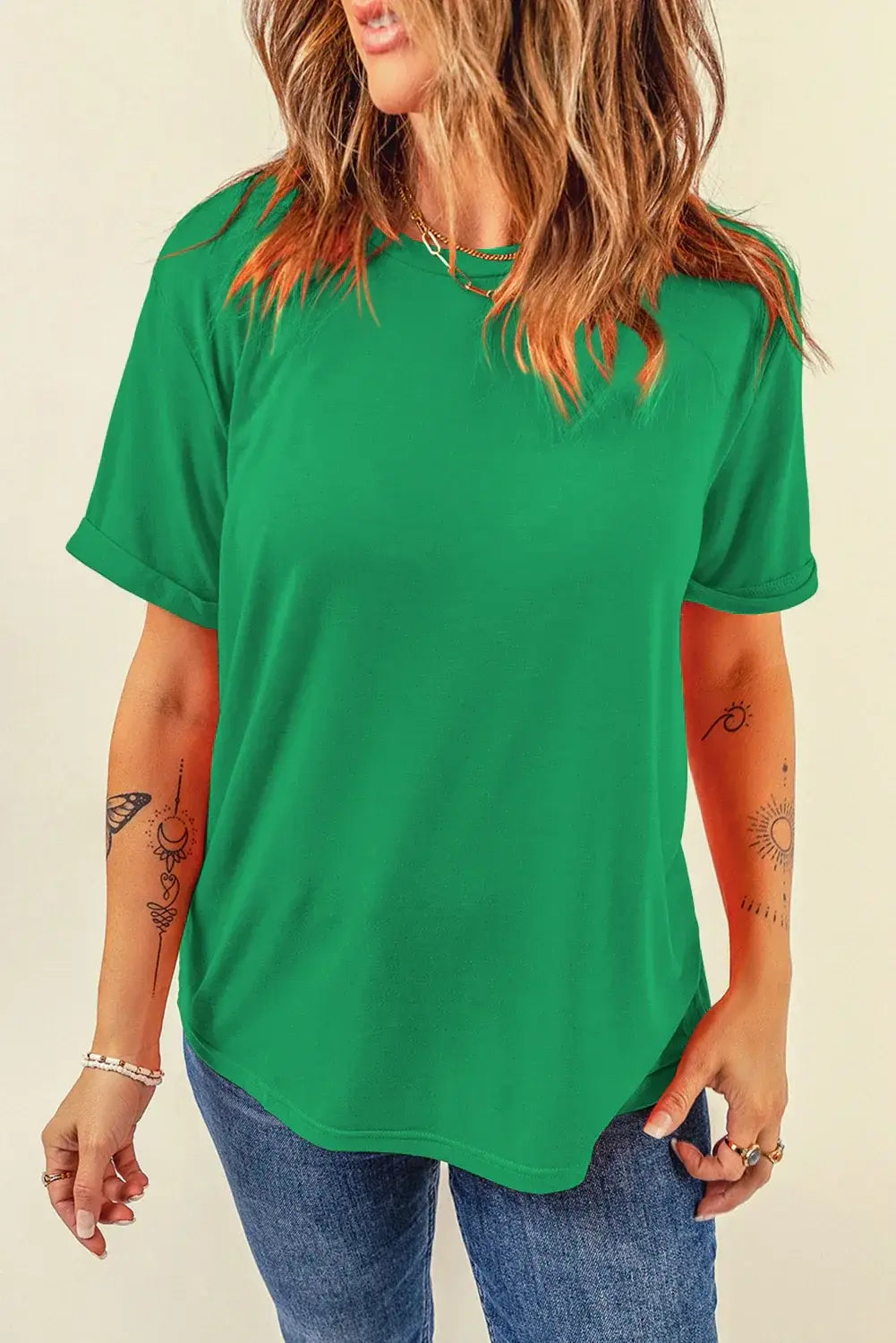 Mint Green Casual Plain Crew Neck Tee