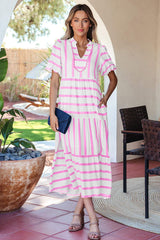 Pink Stripe Ricrac Trim Notched Neck Half Sleeve Vacation Dress