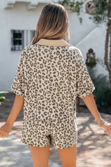 Khaki V Neck Collar Leopard Printed 2pcs Short Set