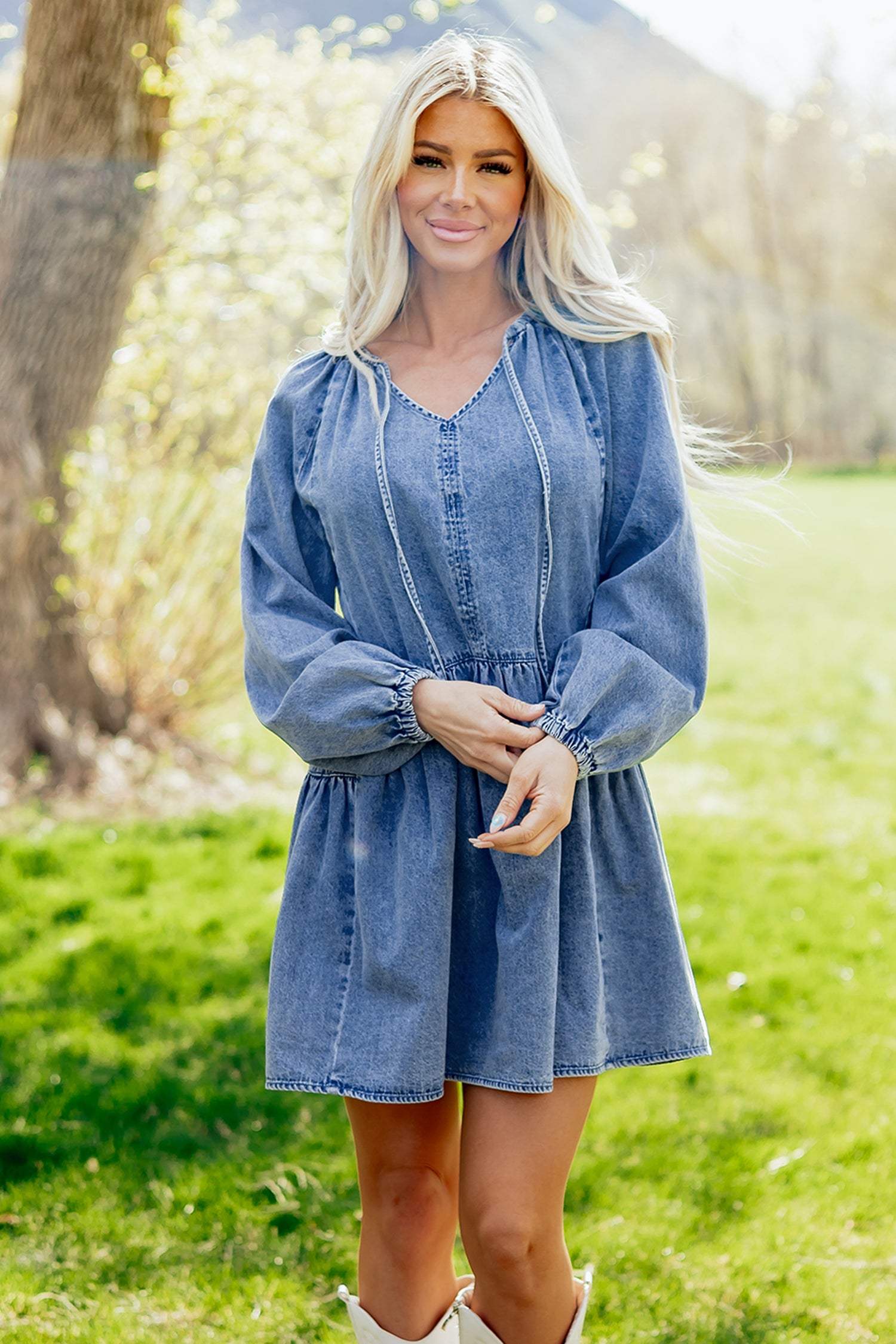 Myosotis Puff Sleeve V Neck Ruffled Loose Denim Mini Dress