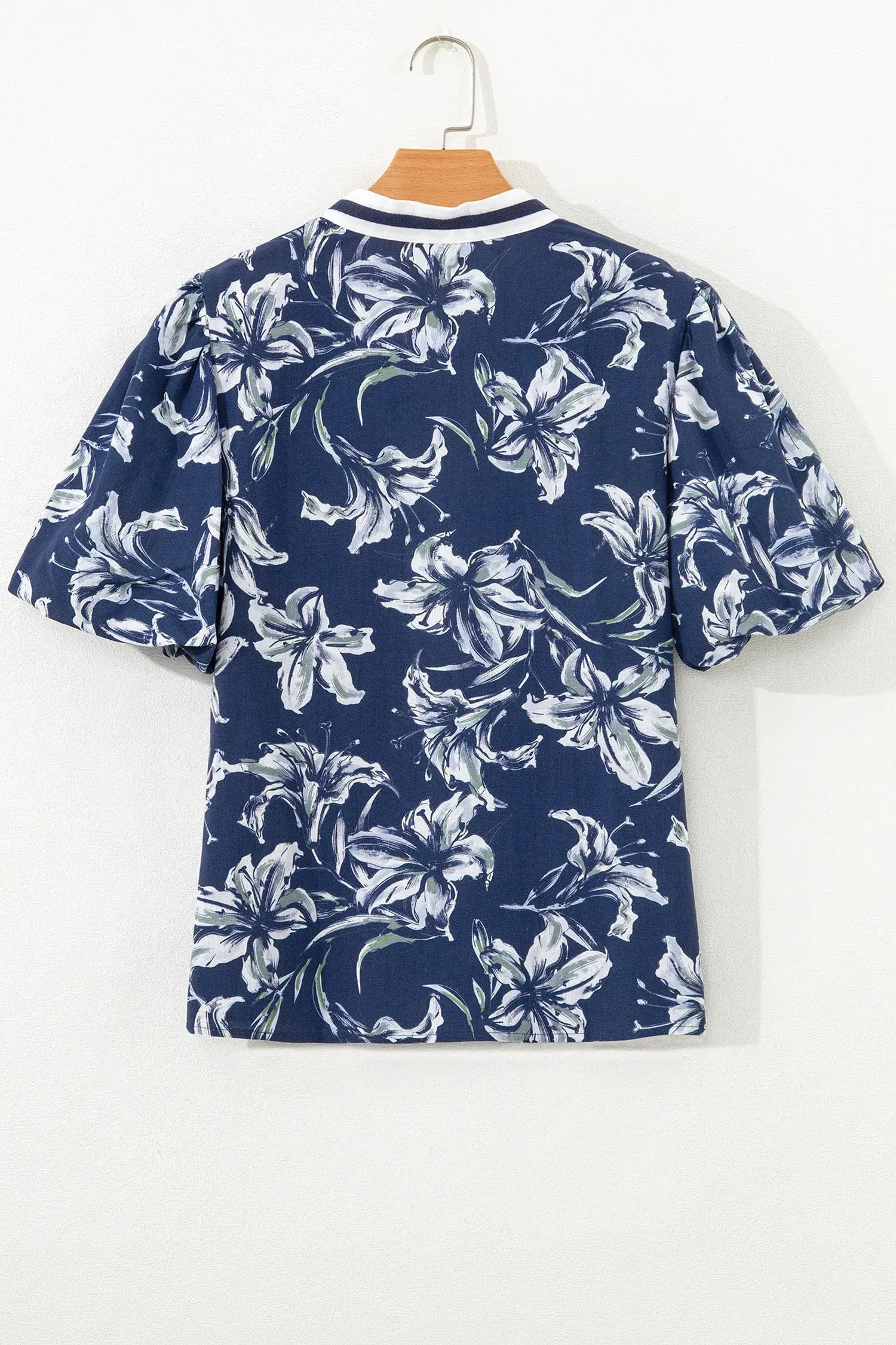Blue Floral Print Short Puff Sleeve Striped Trim V Neck Blouse