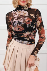 Brown Floral Mesh Long Sleeve High Neck Bodysuit