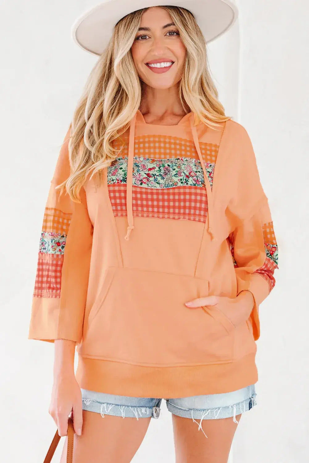 Grapefruit Orange Plaid Floral Patchwork Kangaroo Pocket Hooded Long Sleeve Top