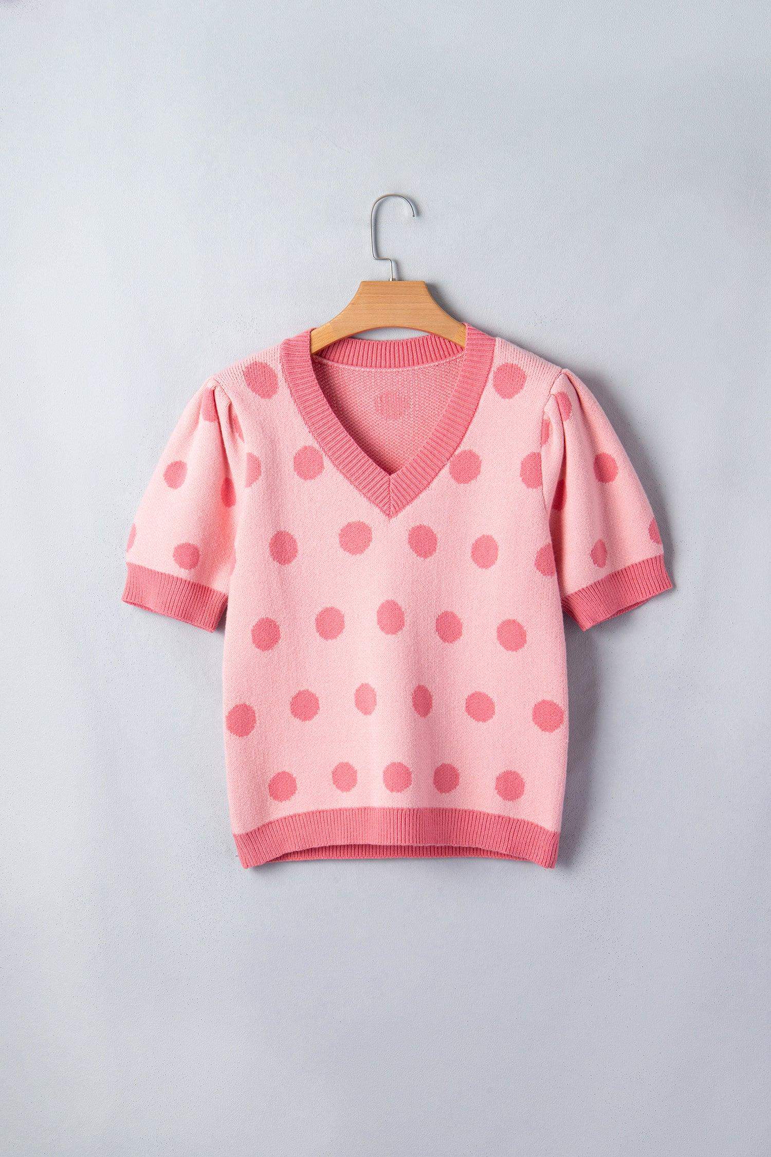 Pink Polka Dot Puff Short Sleeve Sweater Top