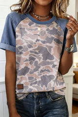 Multicolour Camouflage Print Denim Color Block Sleeve Casual Tee