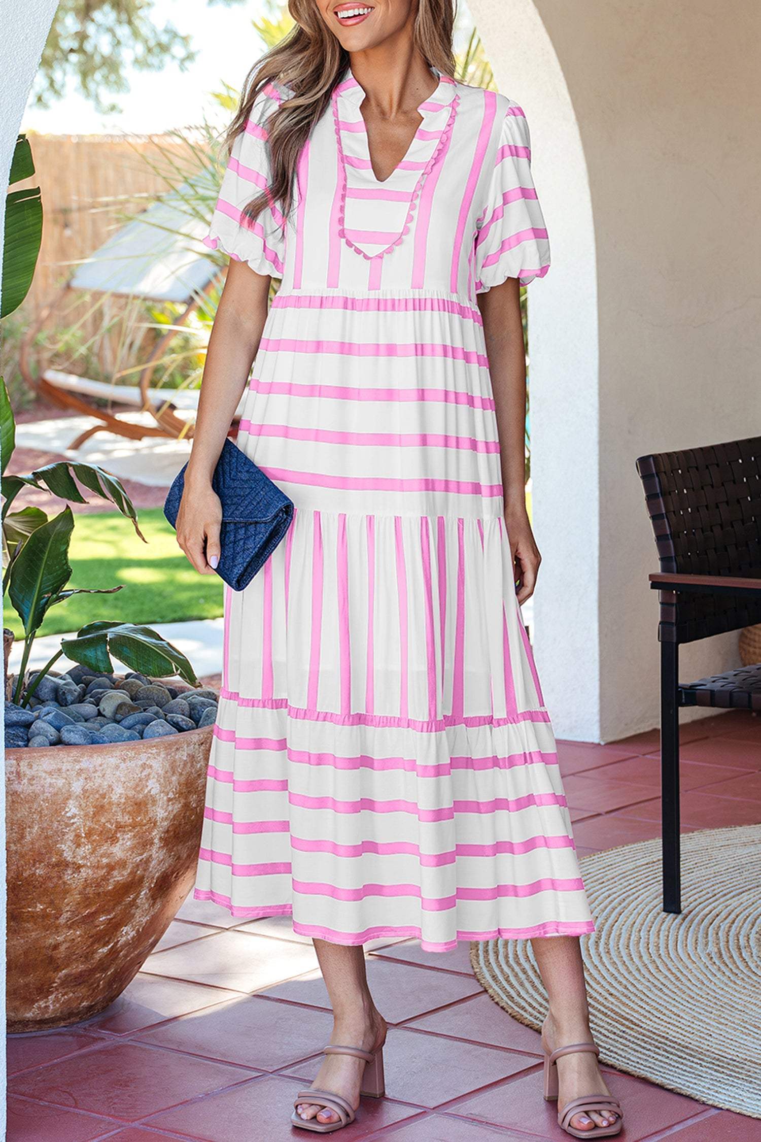 Pink Stripe Ricrac Trim Notched Neck Half Sleeve Vacation Dress