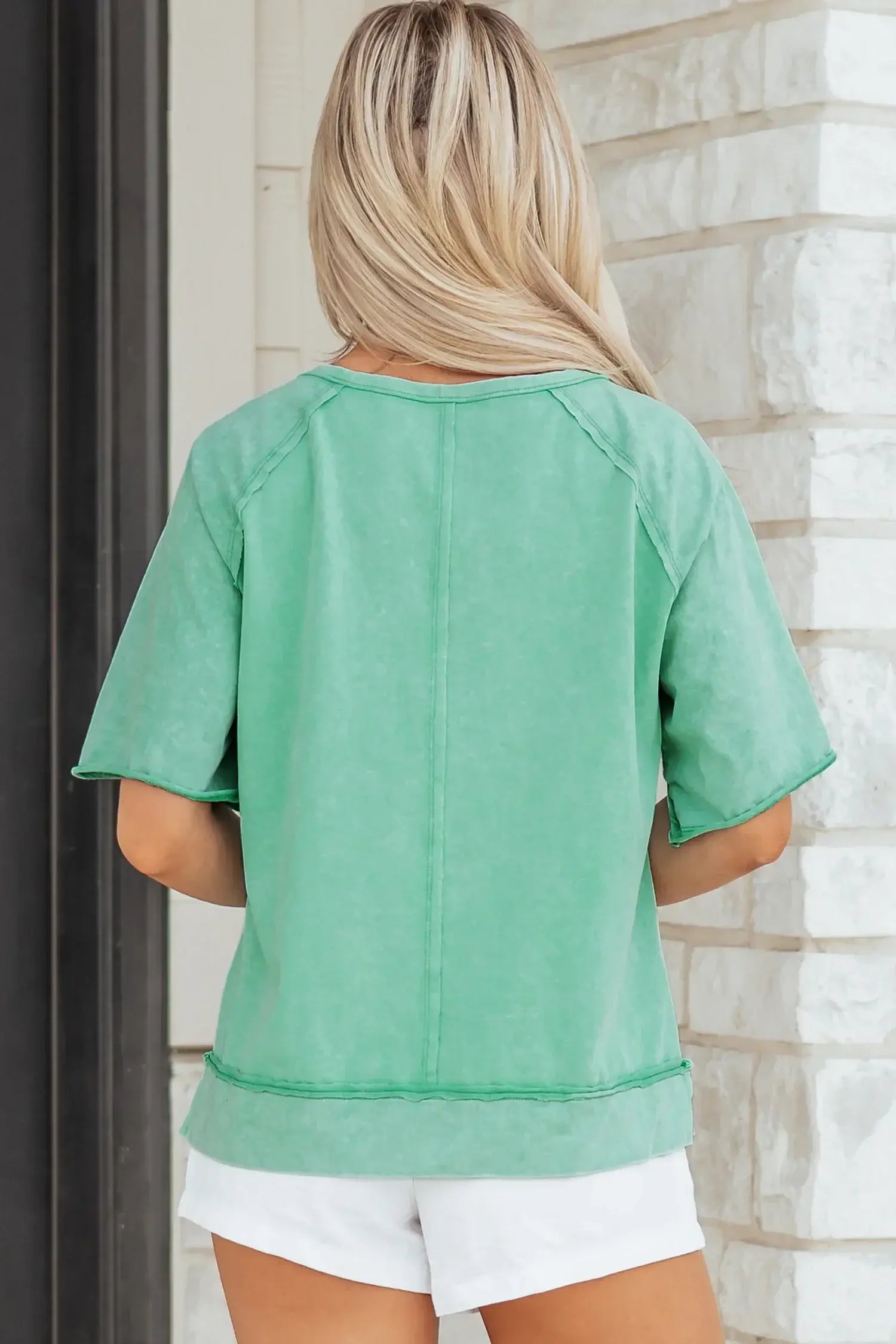 Mint Green Half Buttons Raw Seam Raglan Sleeve Mineral Wash T Shirt