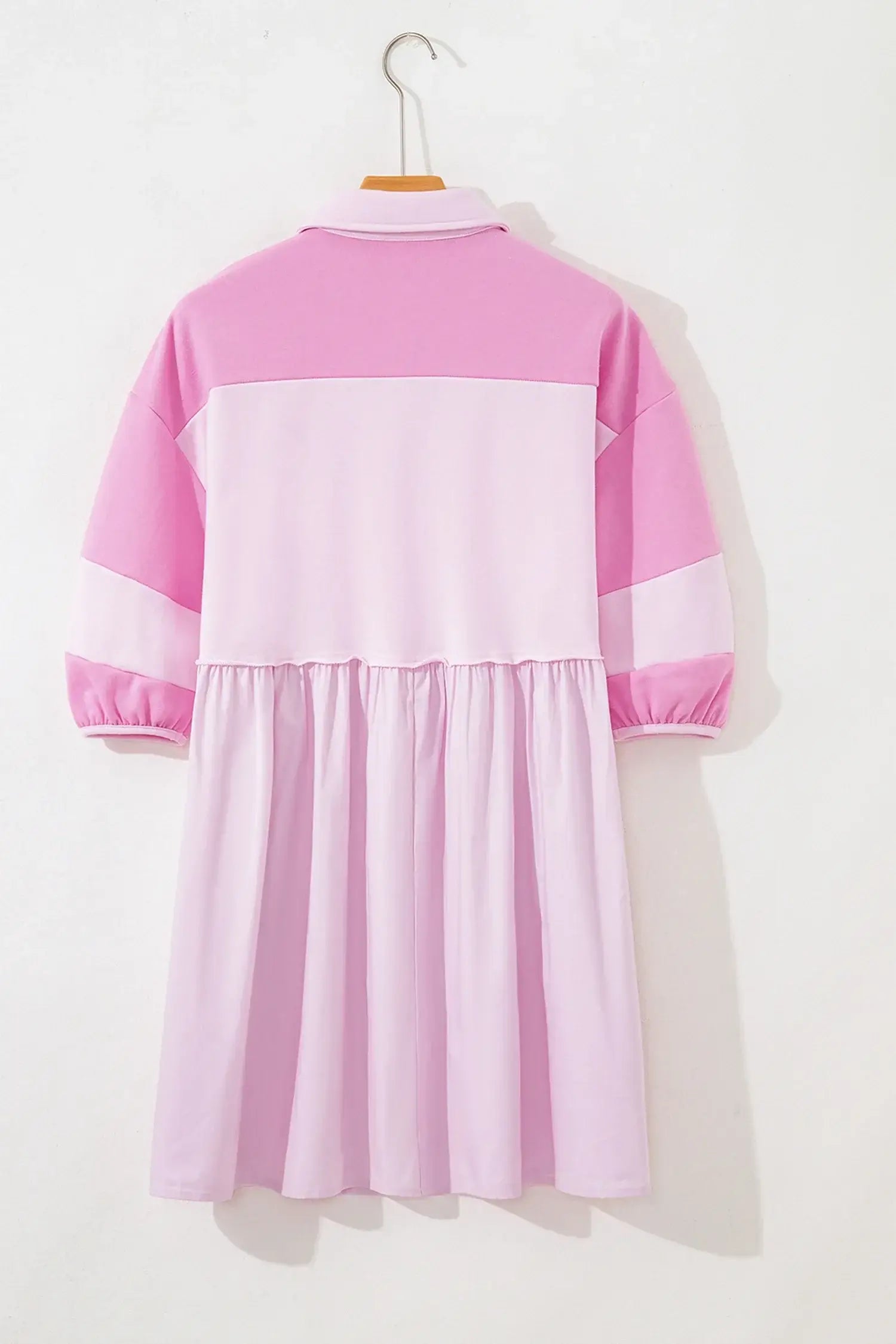 Pink Raw Seam Color Block Patchwork Button Polo Collar Mini Dress