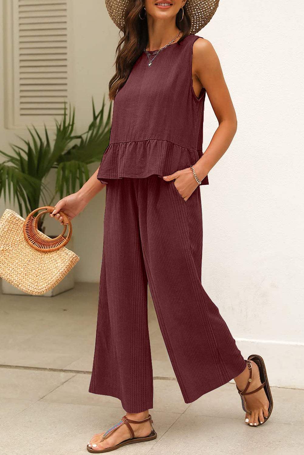 Beau Blue Solid Color Ribbed Ruffle Tank Top and Pants Set