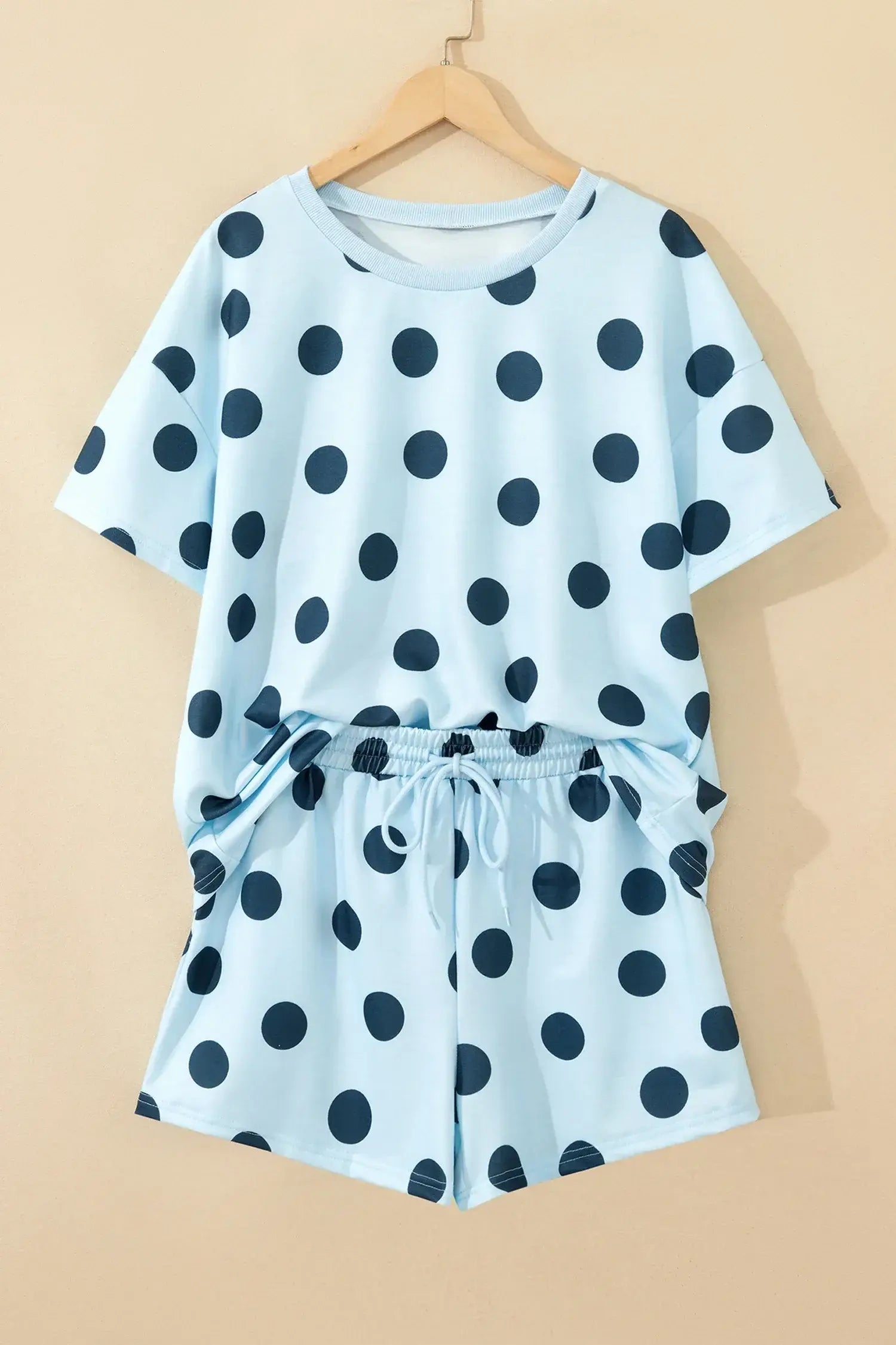 Pink Polka Dot Print Loose Tee Drawstring Elastic Waist Short Set