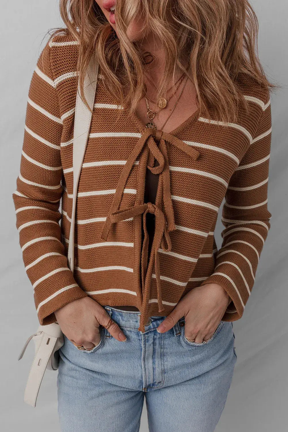 Chestnut Tie Front Striped Knit V Neck Cardigan Sweater