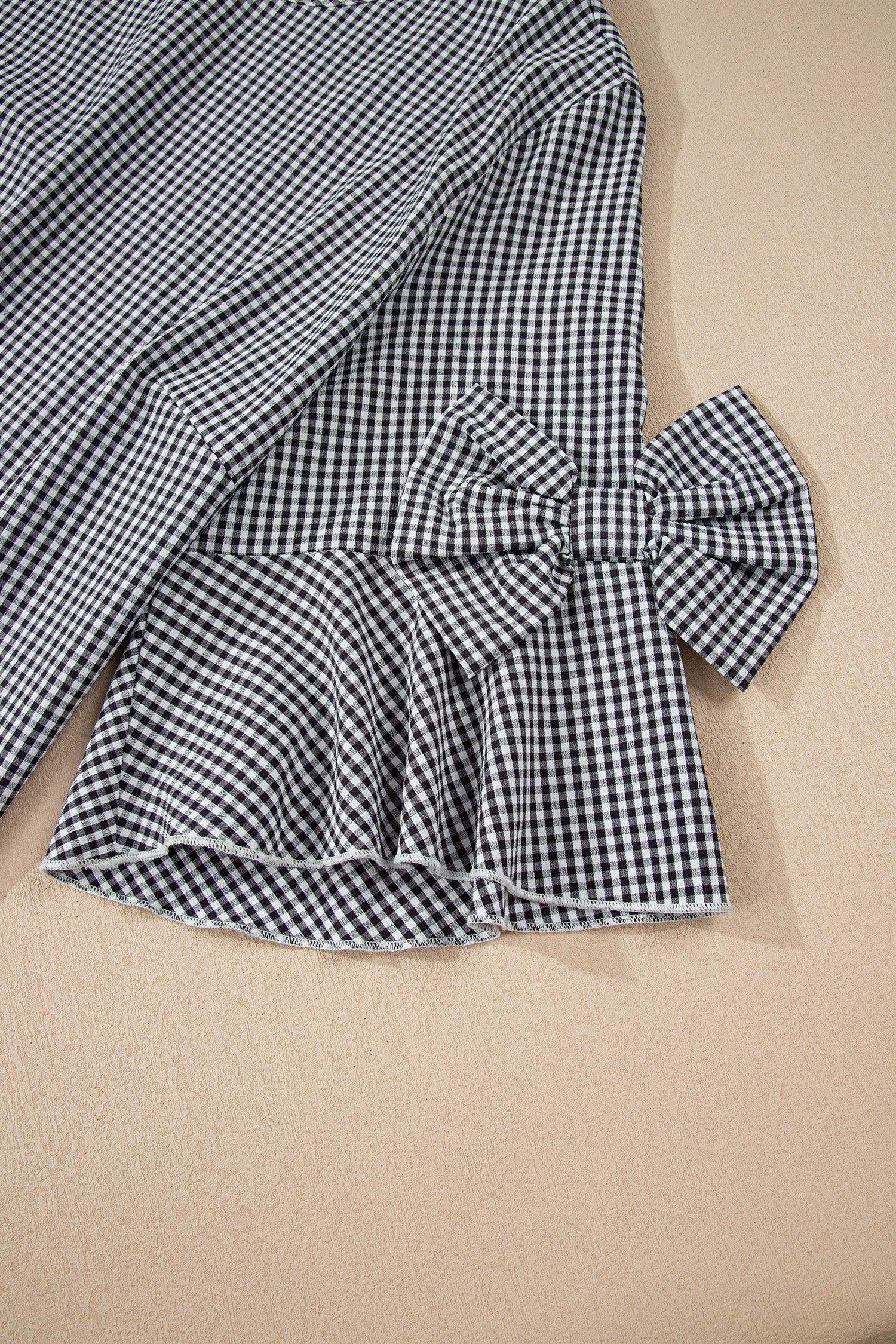 Black Plus Size Plaid Bow Decor Bell Sleeve Round Neck Jumper