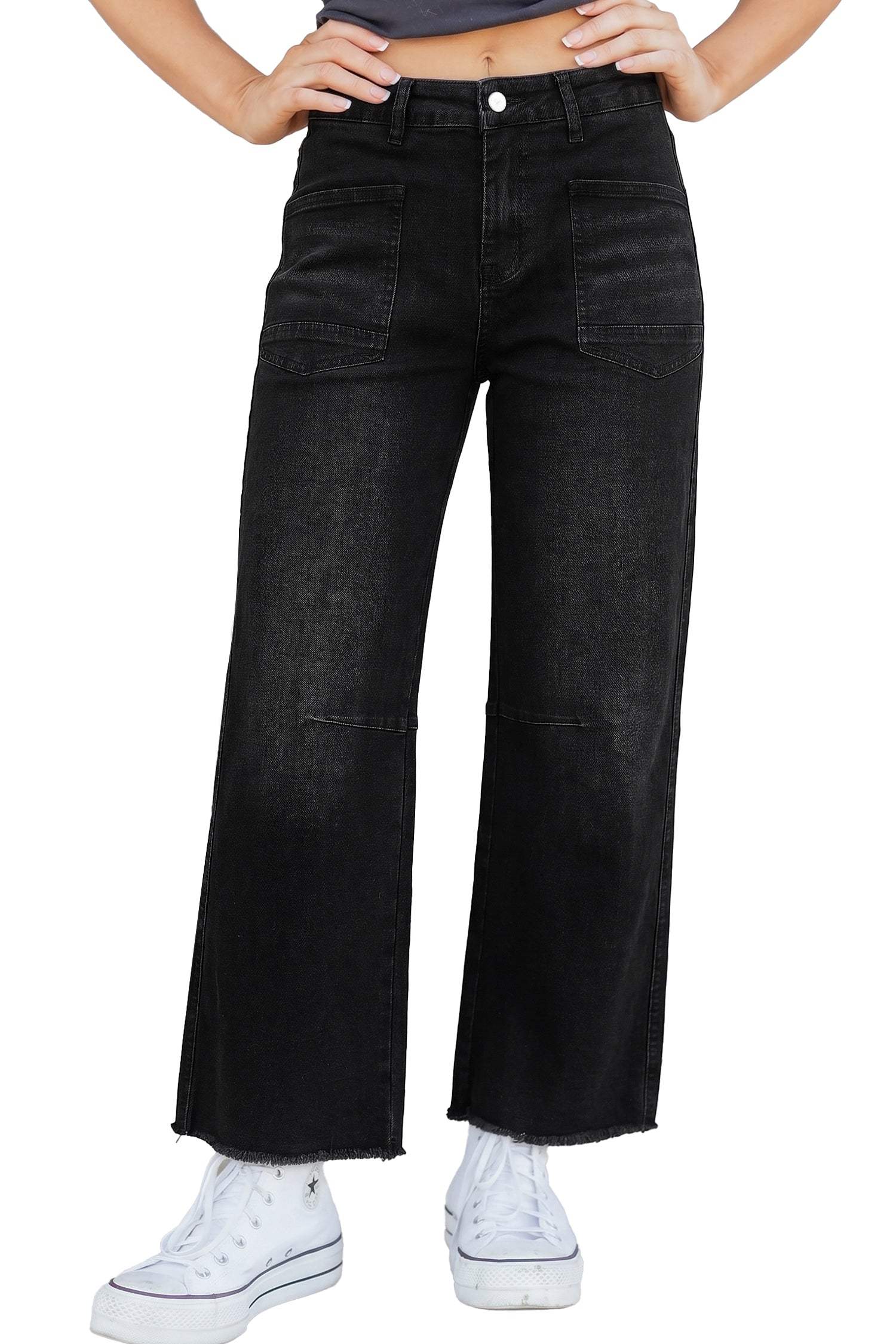 Black Frayed Cropped Straight Jeans