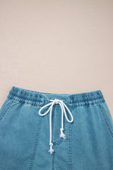 Beau Blue Contrast Drawstring Elastic Waistband Denim Shorts