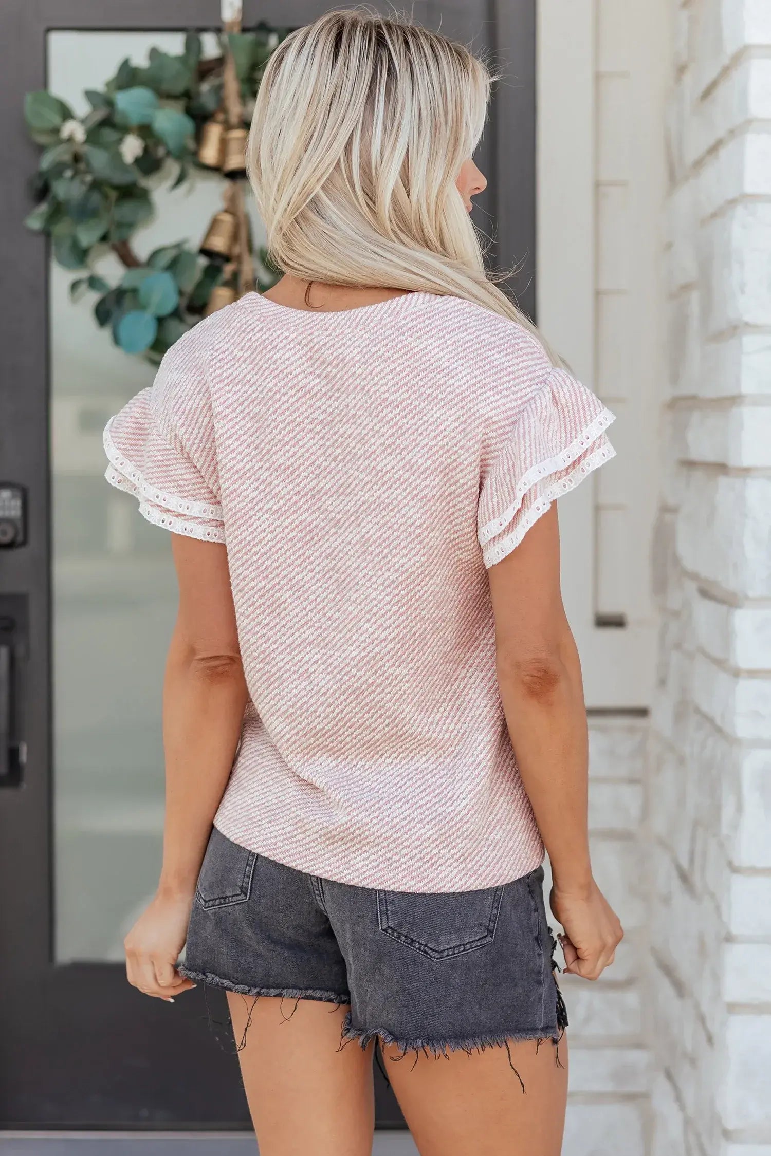 Light Pink Twilled Print Lace Trim Ruffled Short Sleeve Blouse