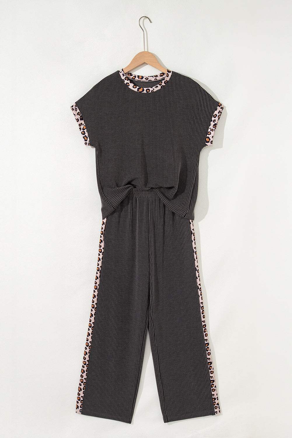 Carbon Grey Leopard Patchwork Edge Twisted Rib T Shirt and Cropped Pants Set